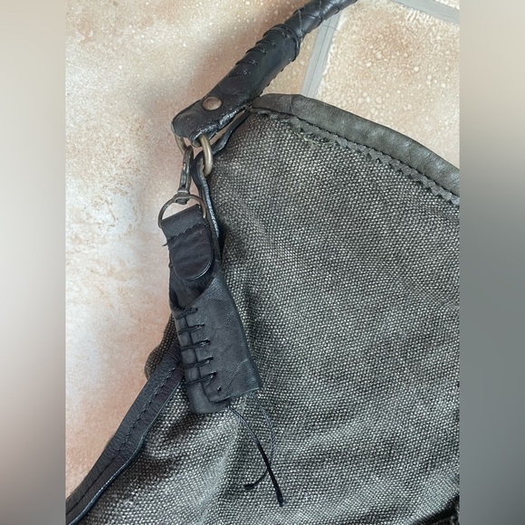 Free People Wilhelmina Canvas Leather Black / Gray/Denim Ruffle Boho Bucket Bag - Picture 2 of 5